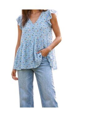Staccato Blue Floral V-Neck Boho Cottagecore Flutter Sleeve Babydoll Top Large